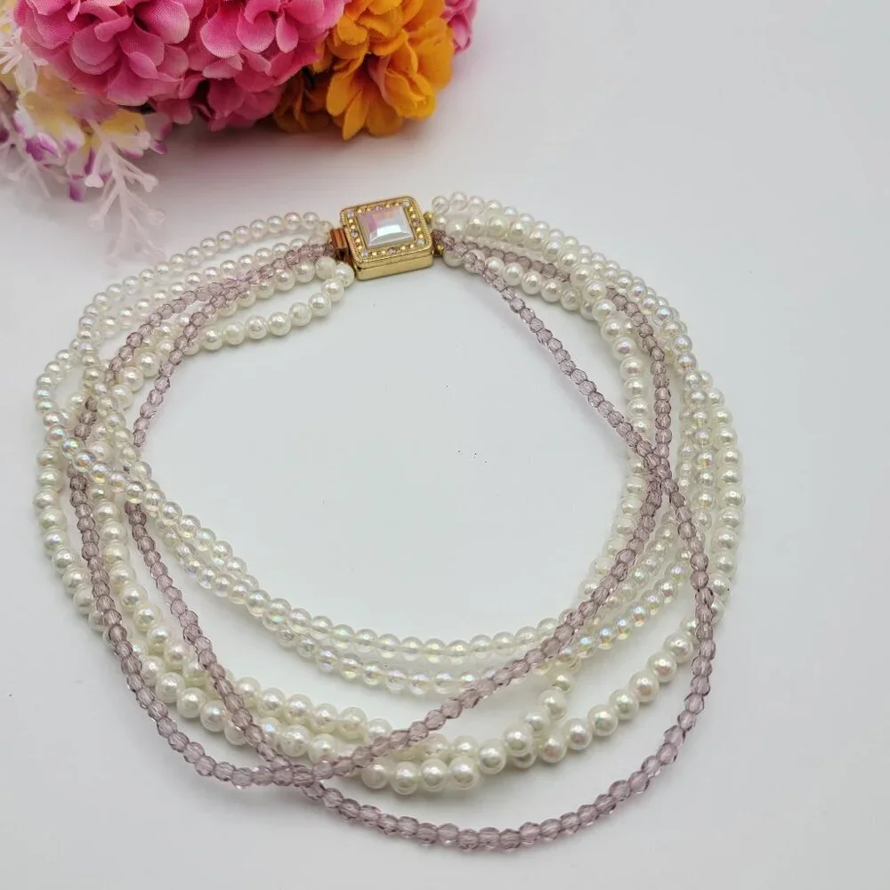 Vintage Faux Pearl Necklace White And Pink Multi Strand Gold Tone Box Clasp 17